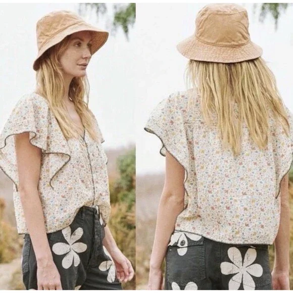 The GREAT Whip Stitch Flounce Top Shirt Ivory Floral Boho Women’s S - Picture 2 of 13